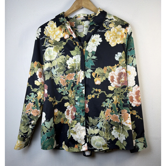 Chico's XL 16 18 Button Down Shirt Long Sleeve black No Iron Floral victorian - Picture 2 of 9